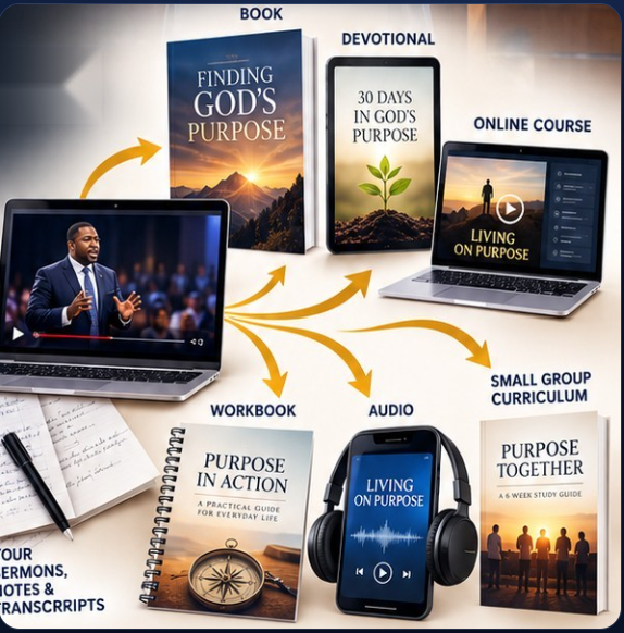 One preached sermon on a laptop branching into a book, devotional, online course, workbook, audio and small-group curriculum